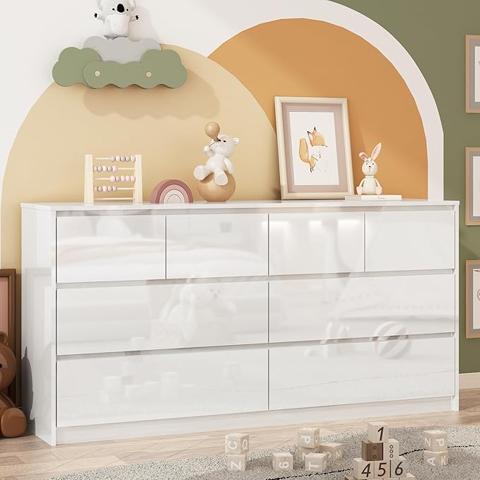White Malm Dresser for Bedroom, 63 Inch Full High Gloss Dresser with 8 Drawers, Modern Large Wood Chest of Drawer Handle Free, Living Room, Entryway, Hallway, White