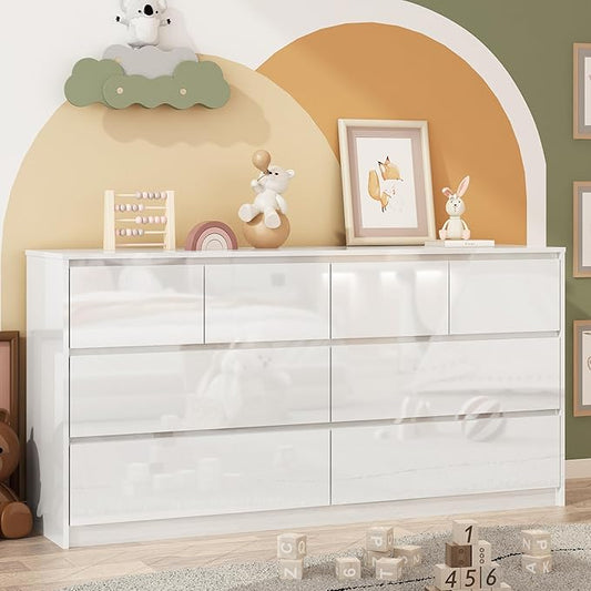 White Malm Dresser for Bedroom, 63 Inch Full High Gloss Dresser with 8 Drawers, Modern Large Wood Chest of Drawer Handle Free, Living Room, Entryway, Hallway, White