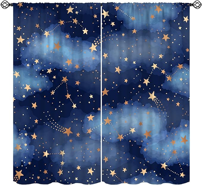 Starry Sky Blackout Curtains, Starry Scenery Blue Night Sky Stars Window Drapes for Kids Boys Girls Bedroom Living Room 42" W X 54" L