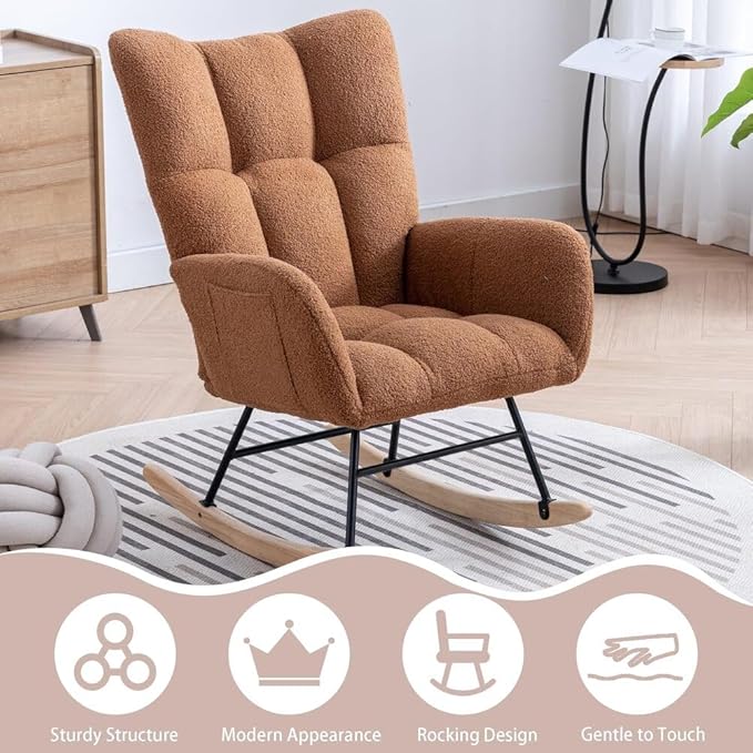 Nursery Rocking Chair Teddy Upholstered Glider Rocker Rocker Accent Chair with High Backrest Armchair Comfy Side Pocket Modern Rocking Accent Chairs for Living Room, Nursery, Office-Brown