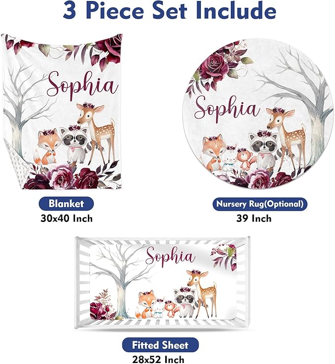Custom Baby Crib Bedding Set - Rose Animal Design Personalized Name Baby Nursery Bedding 3 Pcs Set - Chic Soft Blanket, Fitted Sheet, Room Rug for Newborns Boys Girls Gifts