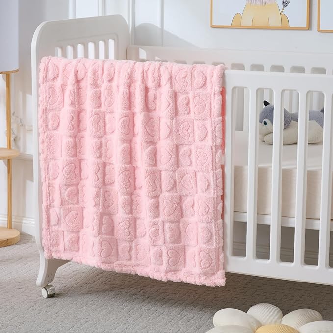 4 Pcs Baby Blankets,Fleece Heart Checkered Blanket, Cozy and Fluffy Crib Blankets for Girls, Toddler Receiving Blankets 30×40 Light Pink Sakura Pink White Grey