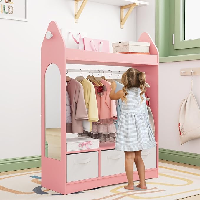 Kids Dress Up Storage Rack Mirror Wood Child Wardrobe 2 Hooks 2 Fabric Bins Toddler Closet Girls Boys Open Hanging Armoire Storage Shelf Coat Costume Hat Shoe (Pink/Rocket/Three Drawers)
