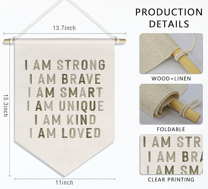 Kids Room Nursery Classroom Decor, Motivational Positive Affirmations Wall Decor for Kid Baby Boy Girl Bedroom Playroom, I Am Kind Hanging Canvas Banner, 15x11in