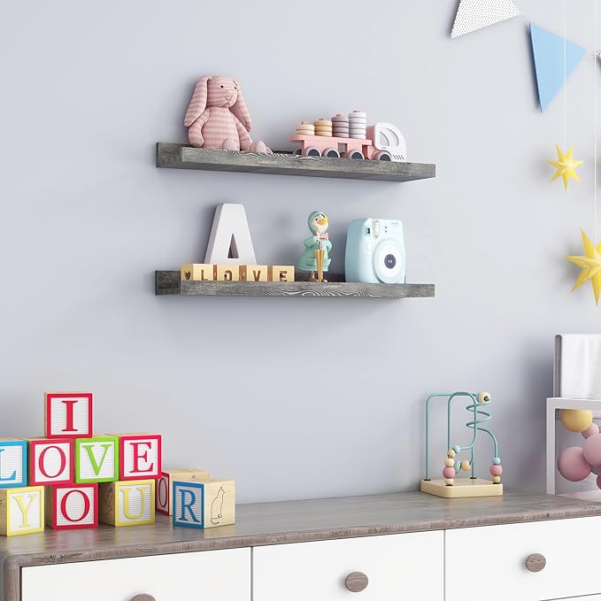 24 Inches Floating Shelves for Wall, Solid Pine Wood Picture Ledge Shelves, Wall Shelves with Lips, Nursery Book Shelves for Toys Storage Living Room Bedroom Photo Frames (2 Pcs, Grey)