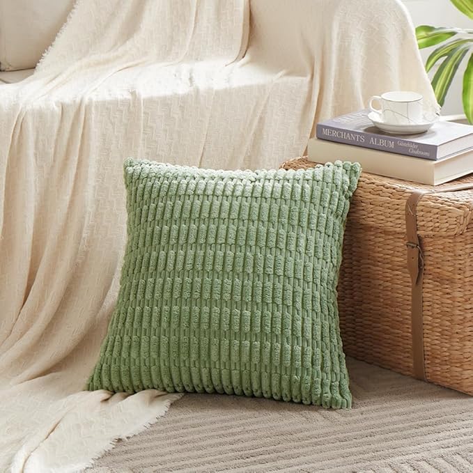 Fancy Homi 2 Packs Sage Green Decorative Throw Pillow Covers 14x14 Inch for Living Room Couch Bed Sofa, Rustic Farmhouse Boho Home Decor, Soft Striped Corduroy Rectangle Cushion Case 35x35 cm