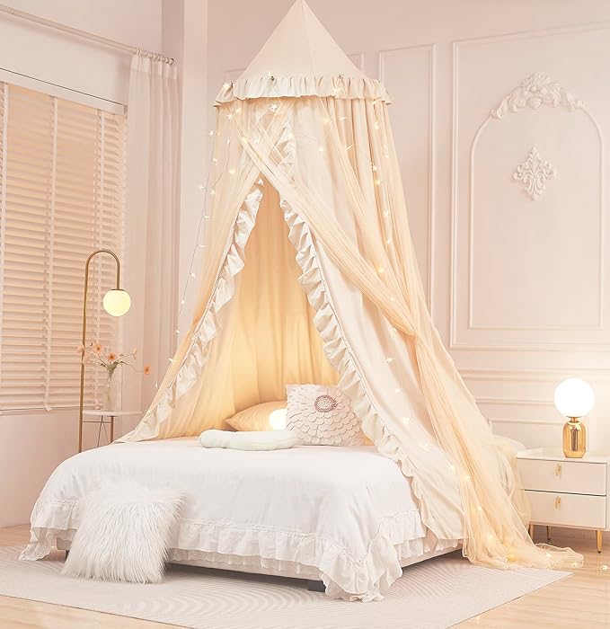 Mengersi Bed Canopy for Girls Kids,Double Canopy Bed Curtains Round Dome Mosquito Net Castle Play Tent Castle for Girls Room Decor (Ivory/Double)