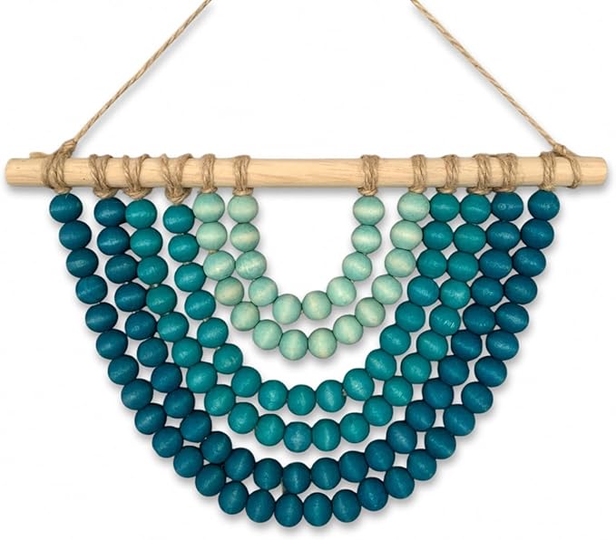 Boho Ombre Wood Bead Wall Hanging, Handmade Unique Giant Art Decor for Bedroom, Nursery, Living Room, or Entryway (Curve Coastal Blue Gradient, 12 Inches)