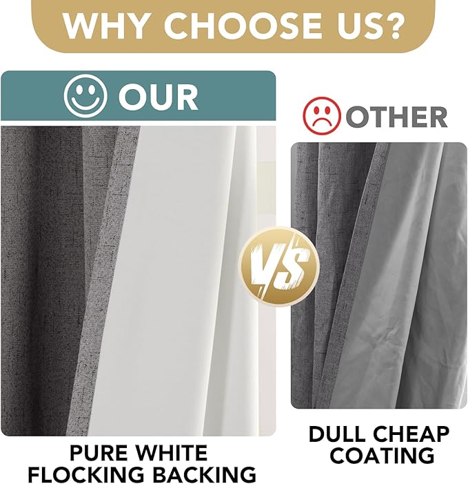 H.VERSAILTEX Linen Blackout Curtains 96 Inches Long 100% Absolutely Blackout Thermal Insulated Textured Linen Look Curtain Draperies Anti-Rust Grommet, Energy Saving with White Liner, 2 Panels, Grey