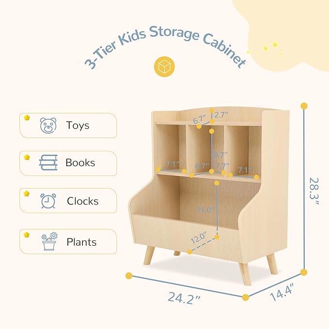 Curipeer Kids Bookshelf and Toy Storage, 3-Tier Wooden Bookcase, Baby Book and Toy Storage Display Organizer with Spacious Top Shelf for Children, Friends, Family, Natural Wood Color