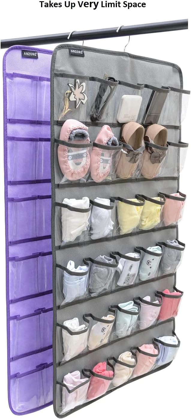 Hanging Baby Shoes Organizer Baby Headband Holder Closet Organizer for Baby Bow Socks Underwear with 30 Clear Pockets (GREY)