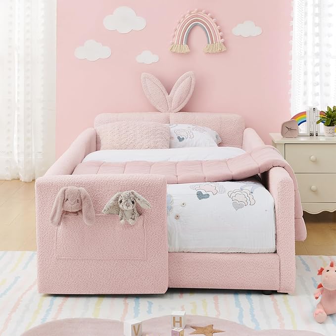 Twin Size Kids Bed with Rabbit Ear Headboard, Upholstered Boucle Fabric Twin Daybed with Slats Support & Side Pockets, Space-Saving Wooden Corner Sofa Couch Bed Frame, for Girls, Boys, Teenager(Pink)