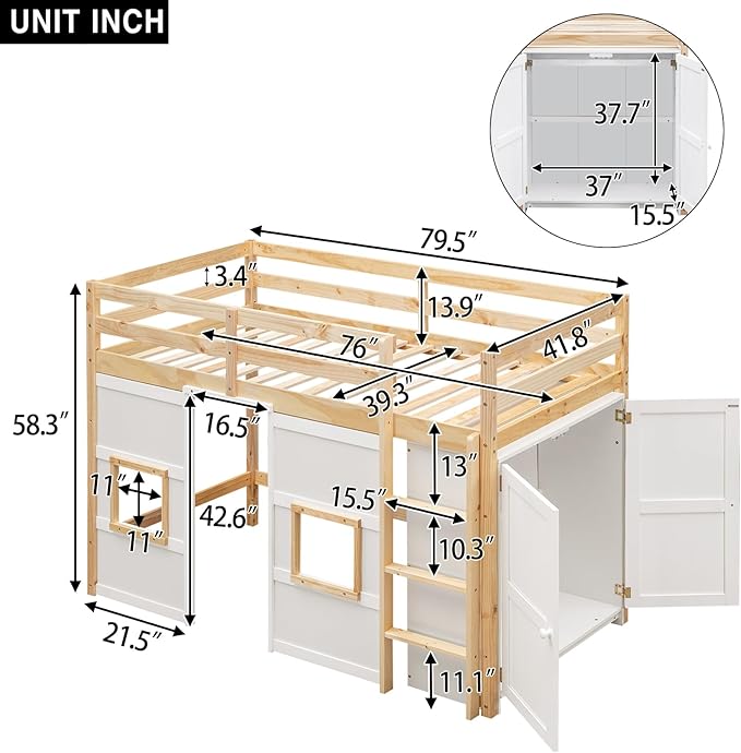 Playhouse Design Twin Size Loft Bed with Built-in Storage Wardrobe and 2 Windows, Solid Wood Loft Bed Frame with Safety Guardrail for Kids Teens Boys Girls, Space-Saving (Whit+Natural)