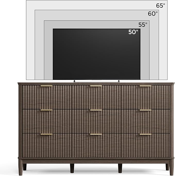 LINSY HOME Fluted Dresser for Bedroom with 9 Drawers, 58" Wide Mid Century Modern Dresser, Tall Boho Chest of Drawers, Large Wood Accent Storage Cabinet for Living Room, Curved Profile Design, Walnut