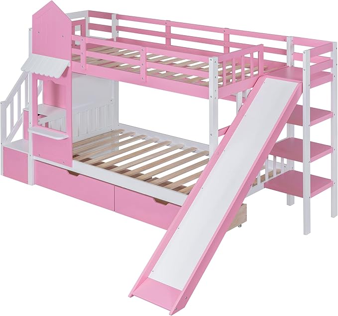 Twin-Over-Twin Castle Style Bunk Bed with 2 Drawers and 3 Shelves, Wood Bunk Bed Frame with Slide and Storage Staircase for Kids Teens Boys Girls, Maximize Space Savings
