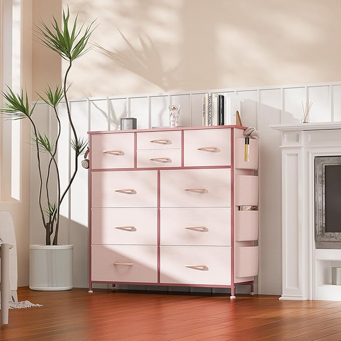 10 Drawer Dresser, Chest of Drawers for Bedroom, Fabric Dresser Drawers with Side Pockets, Hooks, Wooden Top and Sturdy Metal Frame for Living Room, Closet, Hallway (Pink)