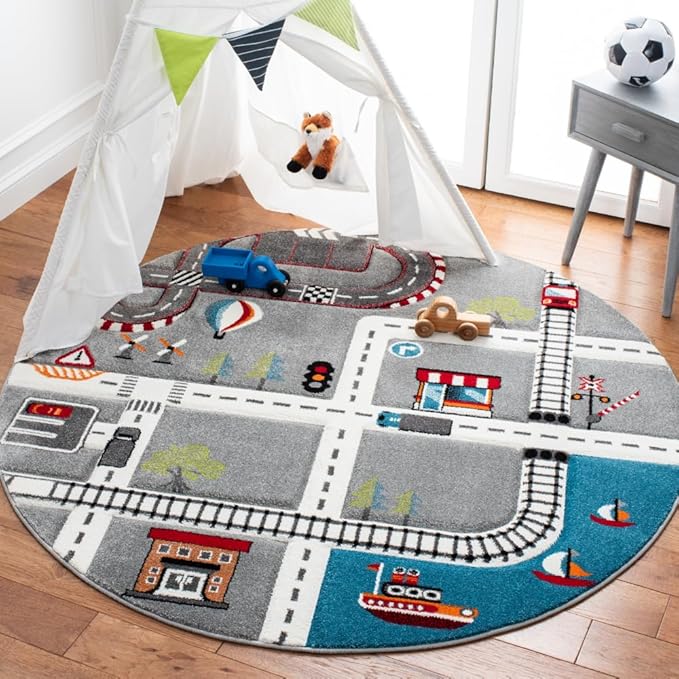 SAFAVIEH Carousel Kids Collection Area Rug - 5'3" Round, Grey & Ivory, Non-Shedding & Easy Care, Ideal for High Traffic Areas for Boys & Girls in Playroom, Nursery, Bedroom (CRK192F)