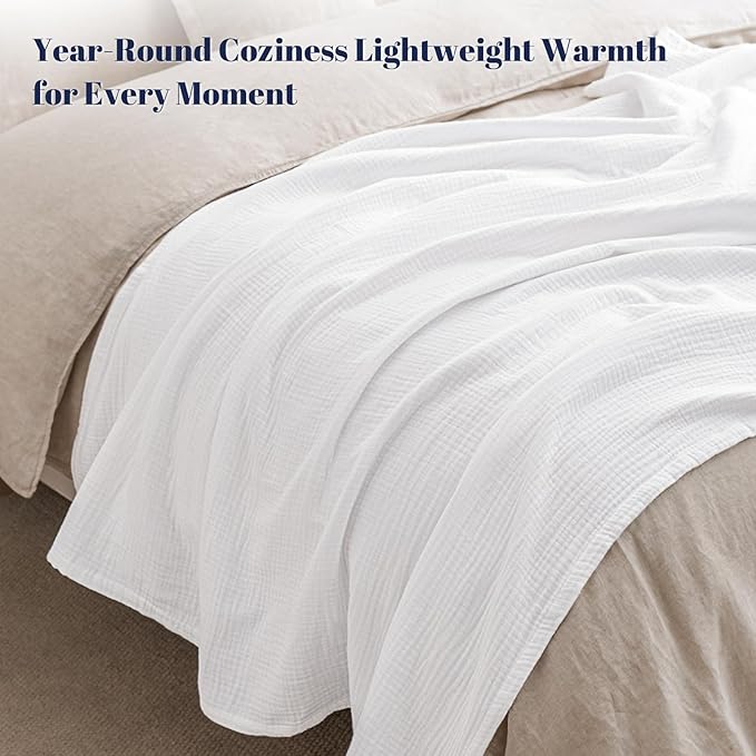 PHF 100% Cotton Muslin Blanket Twin XL Size 66"x90", 4-Layer Lightweight Gauze Throw, Breathable Cloud-Soft Minimalist Blanket for Bed, Couch, Camping & Baby, White, Ideal Gift