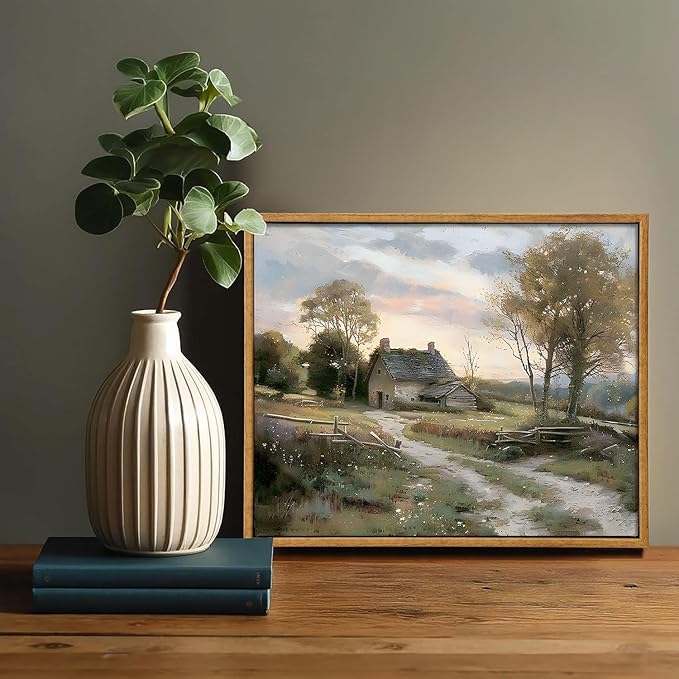 OIQArtOIQ Framed Vintage Landscape Wall Art Cottage Natural Scenery Oil Painting Canvas Prints Country Farmhouse Decor Aesthetic Pictures for Kitchen Bedroom Living Room Bathroom