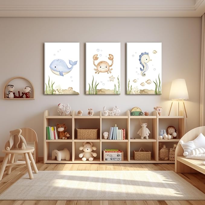 Wodkwq Ocean Nursery Decor, Set of 3, 12x16 Inch Framed Canvas Prints, Under The Sea, Boys Room, Kids Bathroom, Bedroom Wall Art