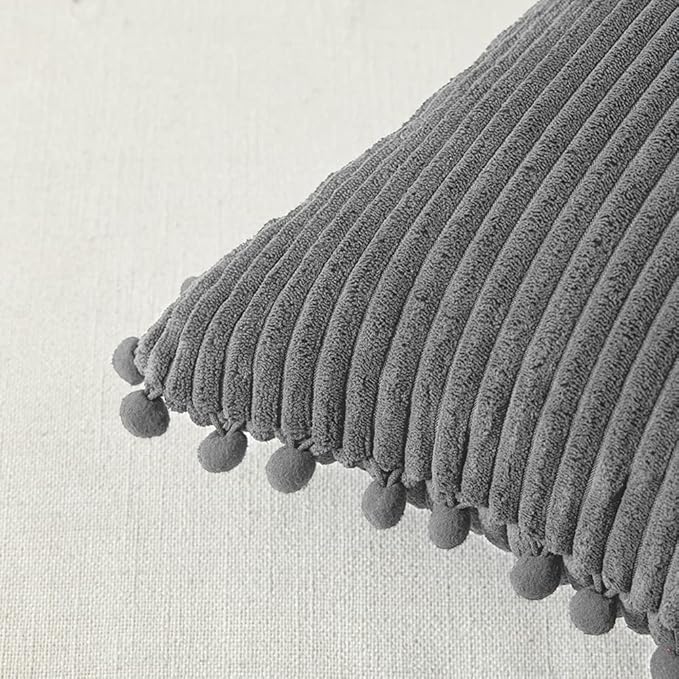 Fancy Homi Set of 2 Dark Gray Decorative Throw Pillow Covers 14x14 Inch with Pom-poms for Couch Bed Sofa, Modern Farmhouse Boho Home Decor, Soft Plush Corduroy Cute Cushion Case 35x35 cm