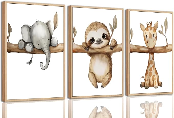 3Pcs Nursery Animal Wall Art Safari Nursery Canvas Poster Prints Jungle Kids Painting Cute Animal Elephant Sloth Giraffe Artwork Picture Wall Decor for Boys Room Girls Room 12x16in Unframed