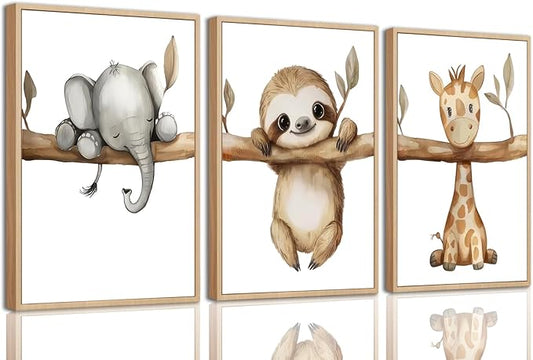 3Pcs Nursery Animal Wall Art Safari Nursery Canvas Poster Prints Jungle Kids Painting Cute Animal Elephant Sloth Giraffe Artwork Picture Wall Decor for Boys Room Girls Room 16x24in Unframed