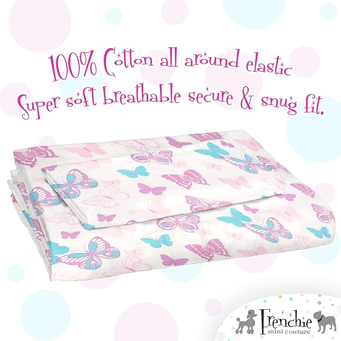 Frenchie Mini Couture, 2-Piece Kids Twin Sheets Set, 100% Woven Cotton, Deep Pocket Bed Sheet 39 x 75 x 15in + Pillowcase 20 x 30, Butterfly (White)
