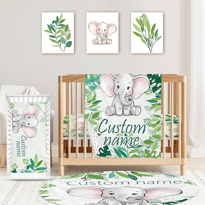 Custom Baby Crib Bedding Set,Personalized Name Green Elephant Theme Nursery Bed Set 4 Piece,Baby Blanket Fitted Sheet Nursery Rug Wall Art Set,Custom Room Decor Idea Gift for Newborns Boys Girls