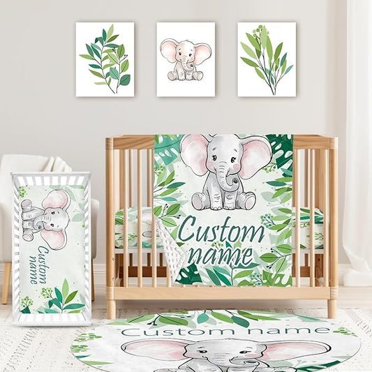 Custom Baby Crib Bedding Set,Personalized Name Green Elephant Theme Nursery Bed Set 4 Piece,Baby Blanket Fitted Sheet Nursery Rug Wall Art Set,Custom Room Decor Idea Gift for Newborns Boys Girls