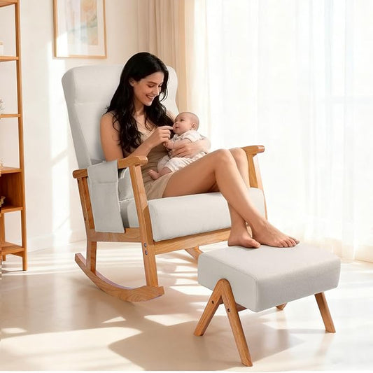 NOBLEMOOD Rocking Chair with Ottoman, Upholstered Nursing Glider Rocker with Side Pocket & Pillow, Comfy High Back Reading Chair with Solid Wood Legs for Nursery/Living Room/Bedroom