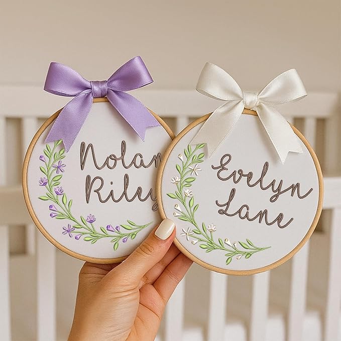 Personalized Baby Name Sign Welcome Baby Announcement Sign Newborn Baby Embroidery Hoop with Bows Baby Hospital Name Sign Custom Infant Baby Name Baby Shower Gifts (12)