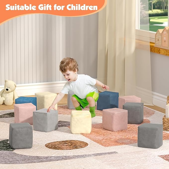 12 PCS Modular Kids Play Block Couch Child Sectional Soft Sofa Toddler Building Fortplay Climbing Bedroom Playroom Baby Convertible Floor Foam Cushion for Boys & Girls (12pcs+Square)