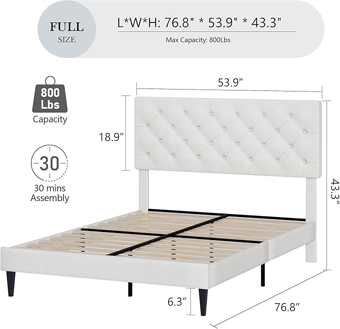 BarnFurin Full Size Bed Frame with Headboard, Upholstered Platform Bed with Adjustable Button Tufted Headboard, Fabric Bed Frame with Wooden Slats Support, No Box Spring Required, Easy Assembly, White