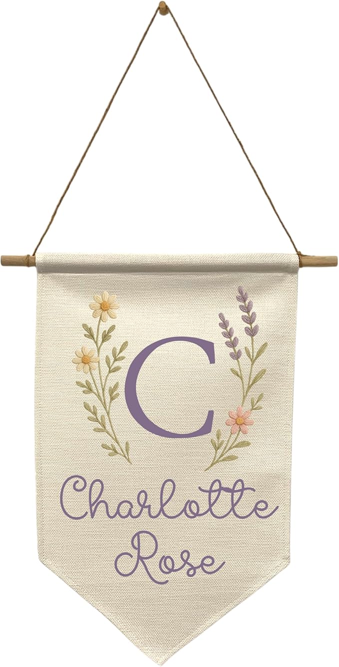 Custom Name Banner Faux Embroidery Nursery Wall Hanging - Boho Baby Girl Room Decor – Kids’ Name Sign for Nursery, Bedroom, or Playroom (Purple Wildflower)