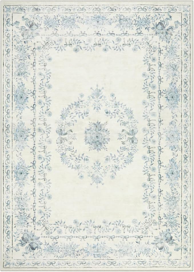 Wonnitar Bow Floral 5x7 Washable Rug, Blue Area Rug for Kids Room, Ultra-Thin Non Slip Soft Neutral Aesthetic Decor Carpet for Living Room Farmhouse Dining Room Office Playroom