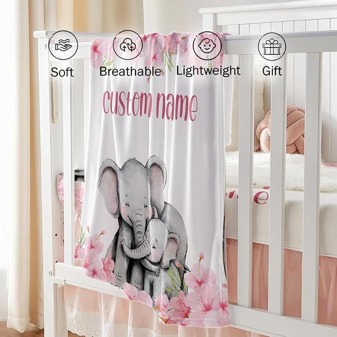 Custom Baby Crib Bedding Set - Elephant Design Personalized Name Pink Flower Baby Nursery Bedding 3 Pcs Set - Chic Soft Blanket, Fitted Sheet, Room Rug for Newborns Boys Girls Gifts