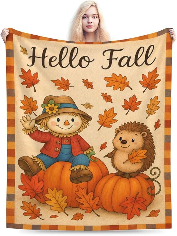 Fall Blanket Cute Autumn Pumpkin Scarecrow Hedgehog Maple Leaf Throw Blanket Soft Cozy Fleece Fuzzy Plush Flannel Warm Stuff Hello Fall Blanket Gifts for Women Girls Kids Thanksgiving 40"x50"