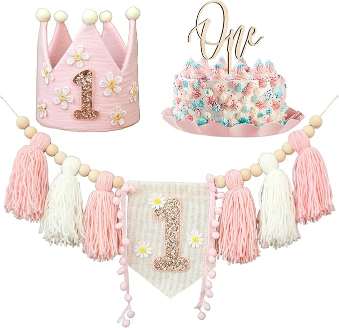 Boho Daisy Highchair Banner 1st Birthday Girl For First Party Decorations Set With Handmade Cake Topper Crown Hat