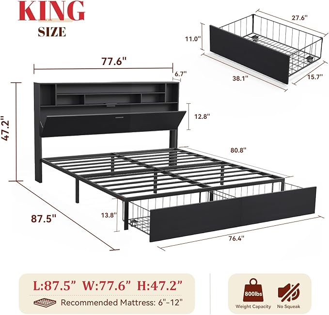 King Bed Frame with Headboard, LED Bed Frmaes with Bookcase Storage and Charging Station, Metal Platform Bed with 2 Storage Drawers, No Box Spring Needed, Black