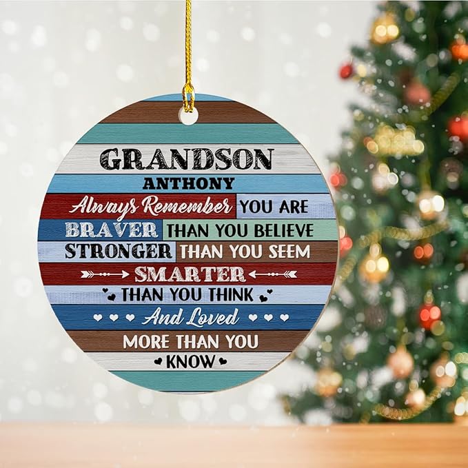 wowcugi Personalized Grandson Ornament for Christmas Tree Custom Inspirational Grandsons Wood Ornaments Xmas Tree Decorations Keepsake Gifts for Grandbaby from Grandparent Grandpa Grandma