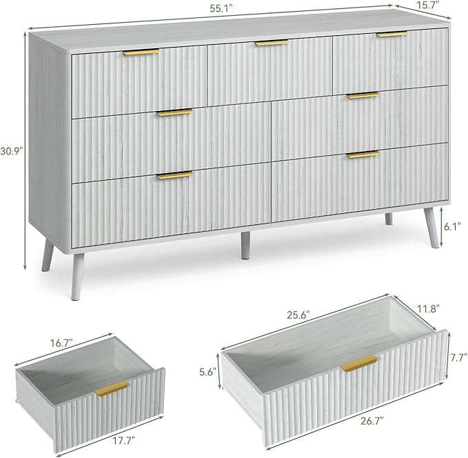 LYNSOM 55" Wide Fluted Dresser for Bedroom with 6 Drawer, Modern Chest of Drawers with Curved Profile Design and Metal Handles, Wood Dresser TV Stand & Storage Organizer for Living Room, White