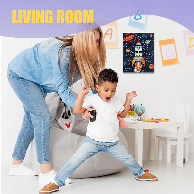 URLLUAE Rocket Ship Space Wall Art Posters for Kids Room, Colorful Outer Space Planet Canvas Poster Prints for Boys Bedroom Classroom Nursery Playroom Wall Decor, 11x14 Inch