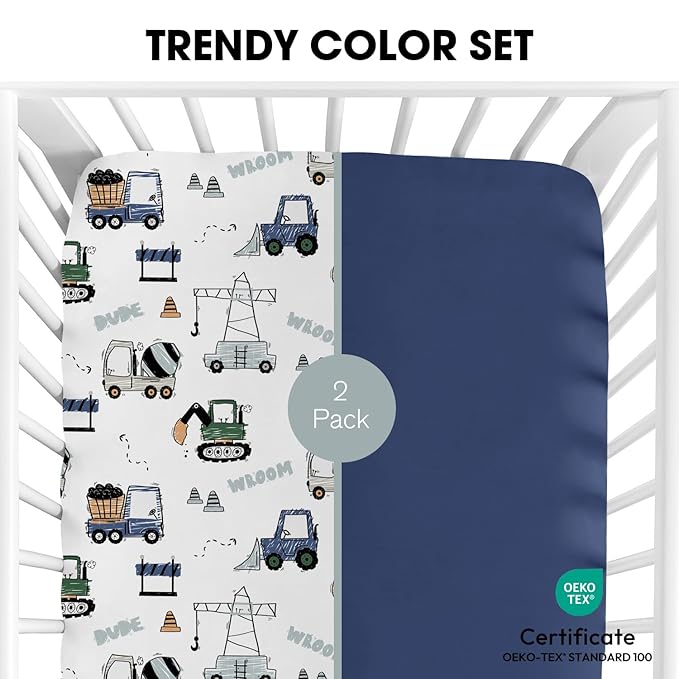 Little Grape Land Crib Sheets for Boys and Girls, 2pk Baby Crib Fitted Sheet for Standard Size Crib and Toddler Mattress, Super Soft Baby Sheet (Navy Trucks)