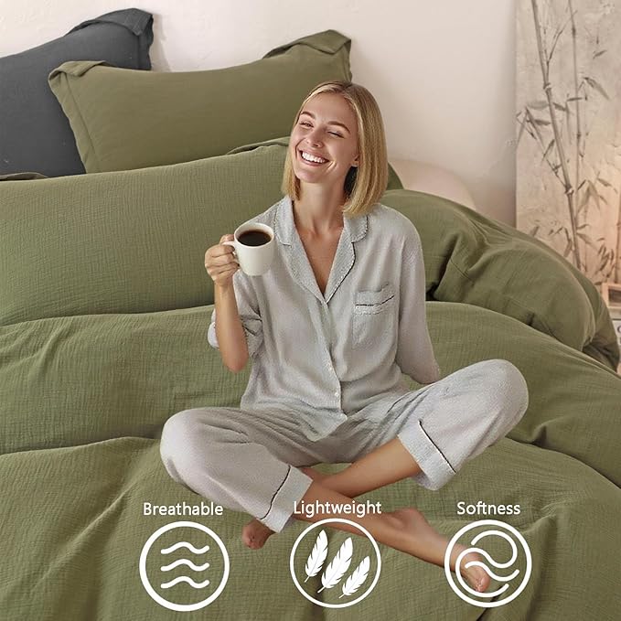 MorroMorn Muslin Duvet Cover Twin Size, 100% Breathable Cotton 2-Layer Gauze Comforter Cover Set 3 Pieces with 2 Pillowcases Zipper Closure & Corner Ties, Ultra Soft Linen Like, 68"x90", Olive Green