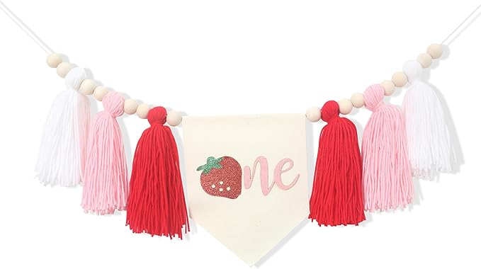 Strawberry 1st Birthday Decor - Sweet One Tassels Highchair Banner - Berry Tassels High Chair Banner For Kids Party - Baby Girl Berry Birthday Decoration - Strawberry High Chair Banner For Photo Booth Props