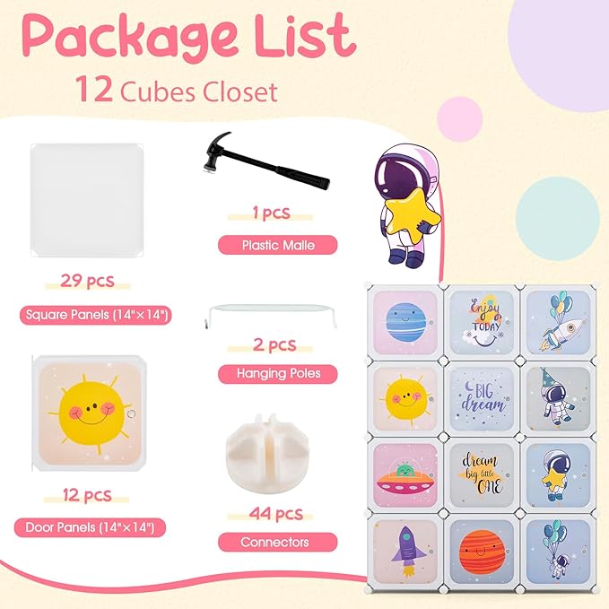 INFANS Children Wardrobe, Kid Closet Portable Baby Dresser Cute for Kids Bedroom Nursery Armoire with Doors 12 Cube 2 Hanging Sections, Kid Clothes Storage Organizer (White, 12 Cubes)