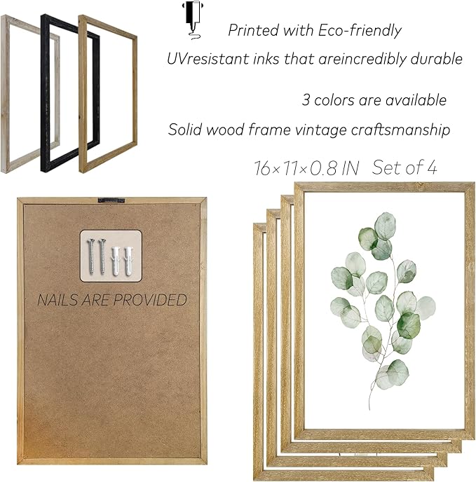 Botanical Wall Decor Sign 16x11 Inch Set of 4 Sage Green Plants Wood Framed For Bathroom Modren Bedroom Aesthetic Watercolor Laundry Room Art Wall Hanging (Wood)