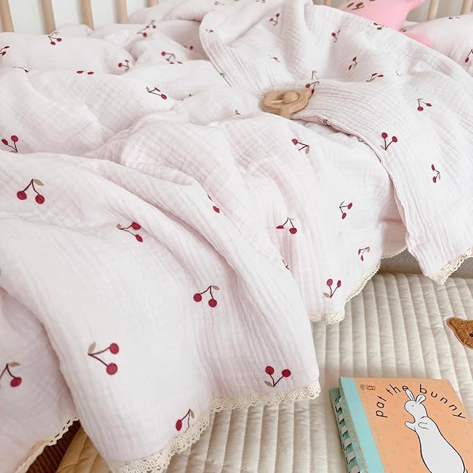 BuLuTu 1 Piece Baby Toddler Muslin Quilt Blanket 47x59 Inches, Crib Comforter Cute Cherry Print Quilted Blankets for Boys Girls Toddler Comforter, Soft Breathable, Machine Wash
