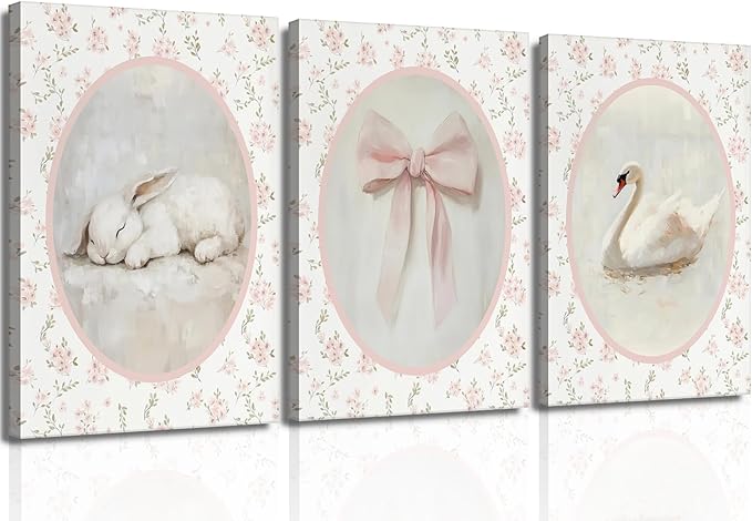 3Pcs Pink Vintage Nursery Canvas Wall Art Cute Animal Rabbit Swan Bow Flower Posters Prints Baby Girl Room Picture Wall Decor for Girls Room Bedroom Decorations Ready To Hang